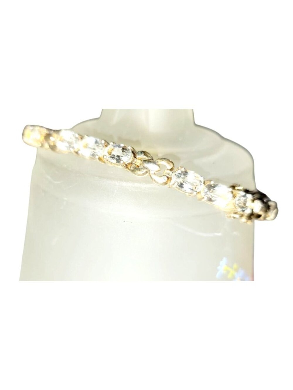 Vintage Oval CZ Diamonds Gold Over Sterling Silver Tennis Bracelet 8" Gold Tone - Picture 3 of 11